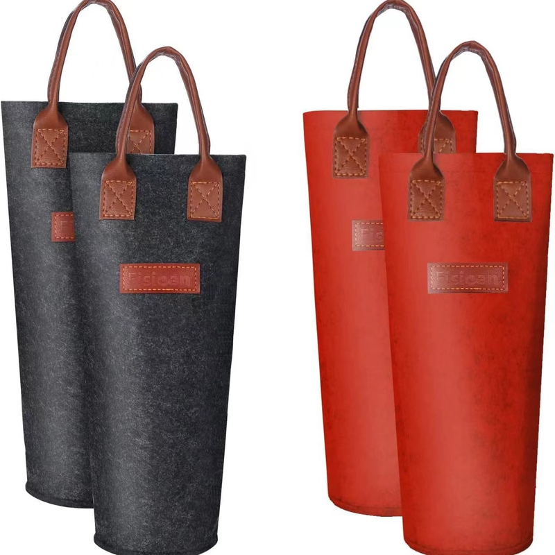 Reusable Felt Single Wine Bottle Gift Bag Felt Wine Carrier Tote Bag with Leather Handle