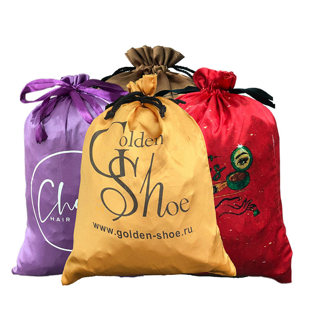 Customized Drawstring Gift Silk Satin Pouch, Drawstring Hair Wigs Silk Bags with Logo Printing