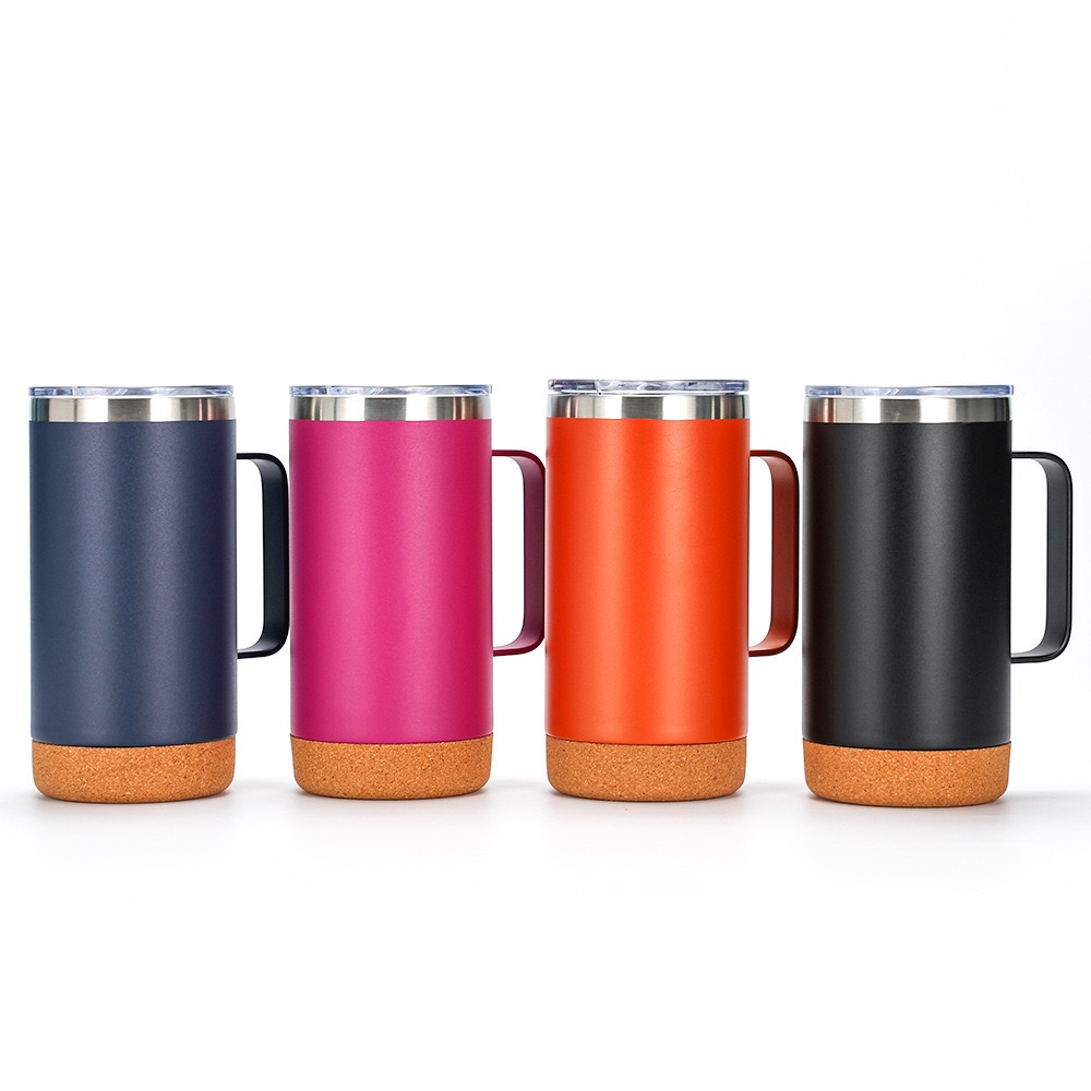 12oz 16oz Slim Stainless Steel Cork Bottom Wood Travel Coffee Tumbler Matte Black Mug With Sliding Lock Lid 