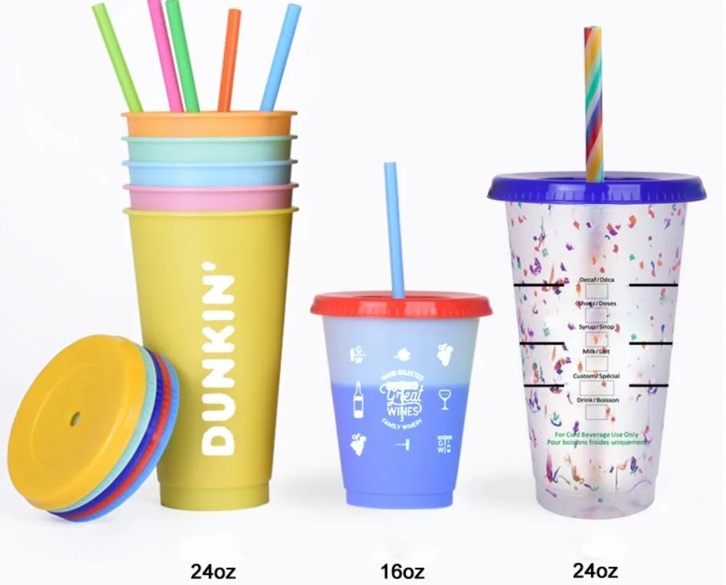 Customized 24oz BPA Free Reusable Plastic Cold Magic Drinking Tumblers Cups with Straw
