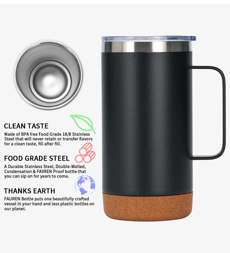 12oz 16oz Slim Stainless Steel Cork Bottom Wood Travel Coffee Tumbler Matte Black Mug With Sliding Lock Lid 