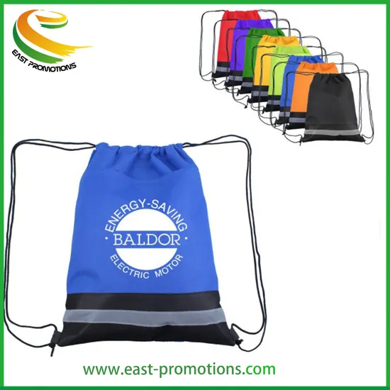 Manufacturer Custom Printed Promotional Polyester Sport Drawstring Bag with Reflective Band