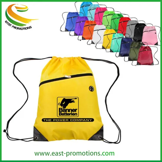 Customized Promotional 210d Polyester Sport Drawstring Backpack Bag with Zipper Pouch