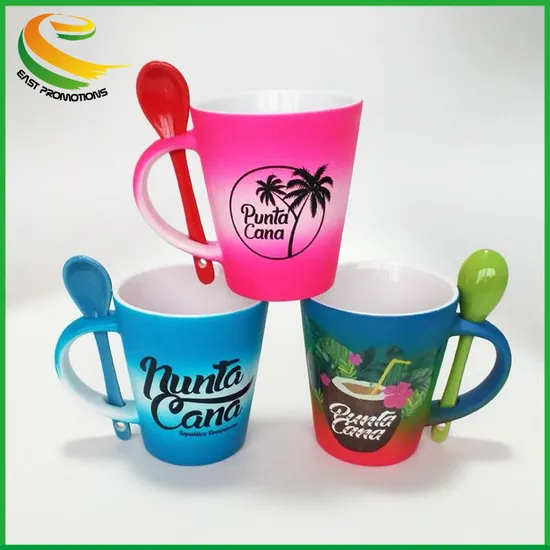 Factory Custom Promotional Sublimation Ceramic Coffee Mug with Spoon in Handle
