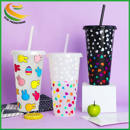 Wholesale Transparent Cold Color Changing Cups 24oz 16oz PP Plastic Beverage Straw Cup