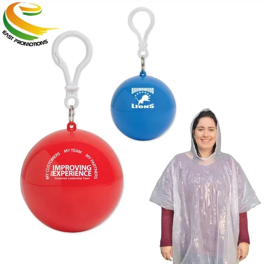 2025 Hot Sale 100% Degradable PE Poncho Raincoat Ball Keychain with Logo Printing