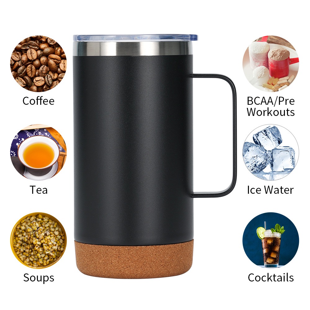 12oz 16oz Slim Stainless Steel Cork Bottom Wood Travel Coffee Tumbler Matte Black Mug With Sliding Lock Lid 