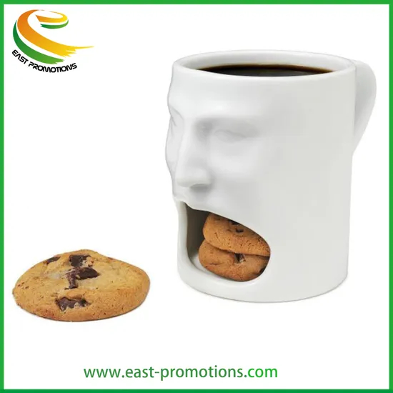 Fashion Design 3D Ceramic Face Cookie Coffee Mugs Cup with Biscuit Pocket Holder