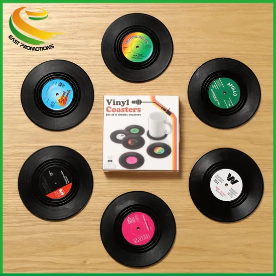 Amazon Hot Sale 6PCS One Set ABS Vinyl Record CD Cup Coaster with Silicone Non-Slip Ring for Drinks