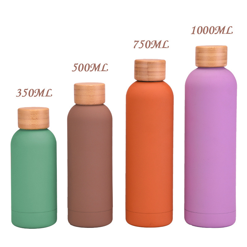 New Stainless Steel Sports Vacuum Insulated Flask Soft Touch Water Bottle with Wood Bamboo Lid 