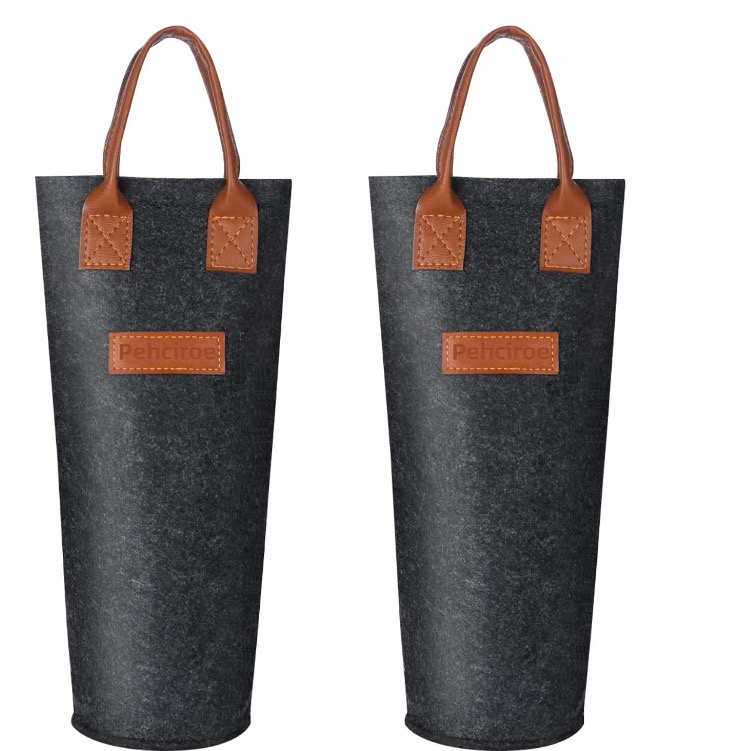 Reusable Felt Single Wine Bottle Gift Bag Felt Wine Carrier Tote Bag with Leather Handle