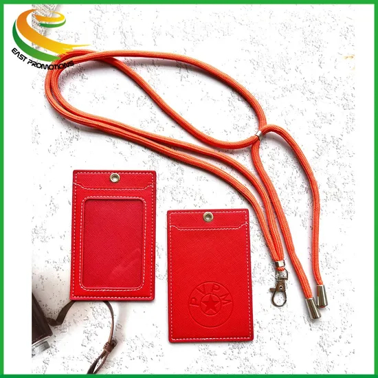 Custom Durable PU Leather ID Badge Name Card Holder with Nylon Neck Straps