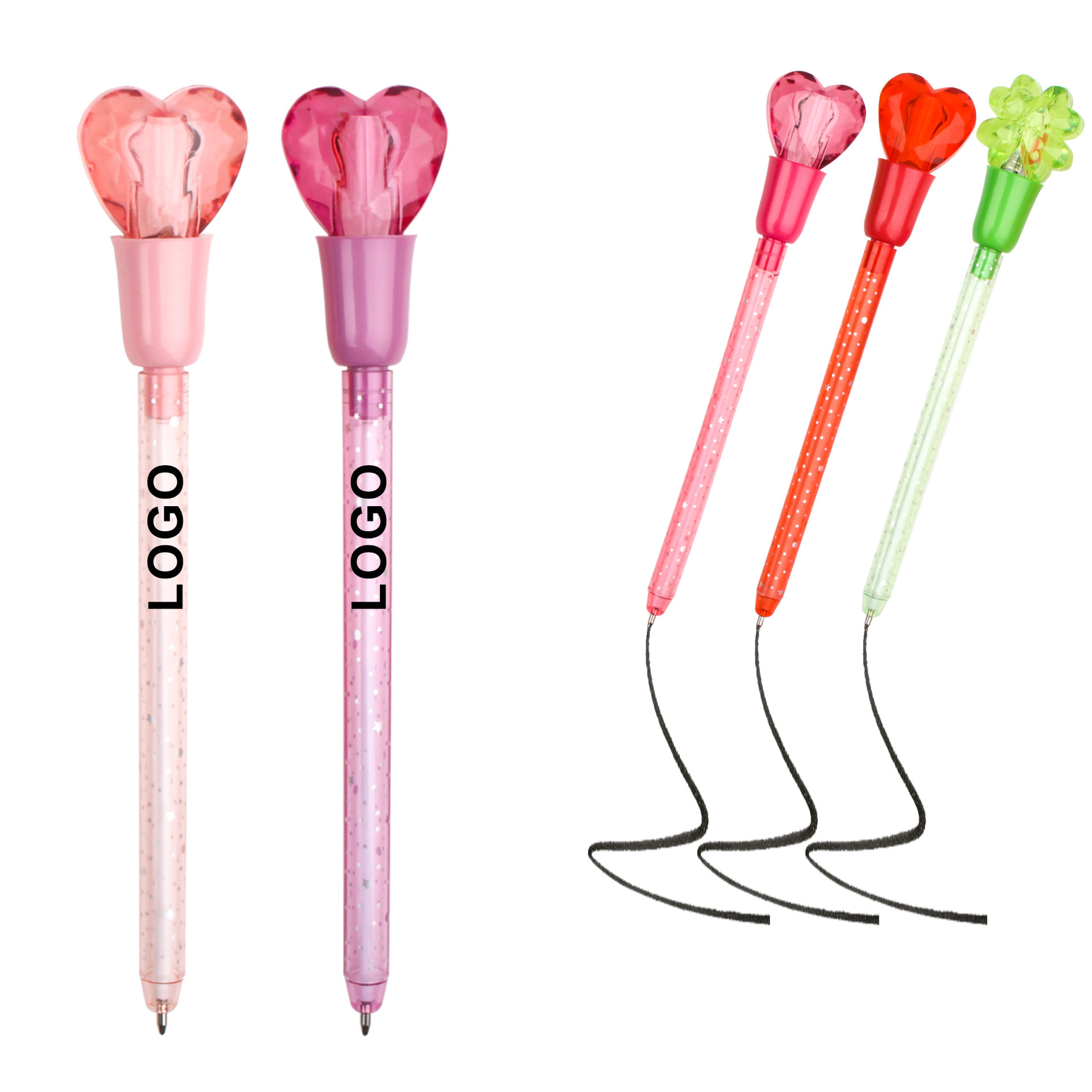 Custom Logo Printed Advertising Plastic Love Shaped LED Light Ballpoint Pen for Christmas Halloween Kids Gifts 