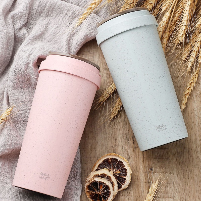 Biodegradable 16 Oz BPA Free Double Wall Insulated Coffee Mug Wheat Straw Cup With Handle Lid