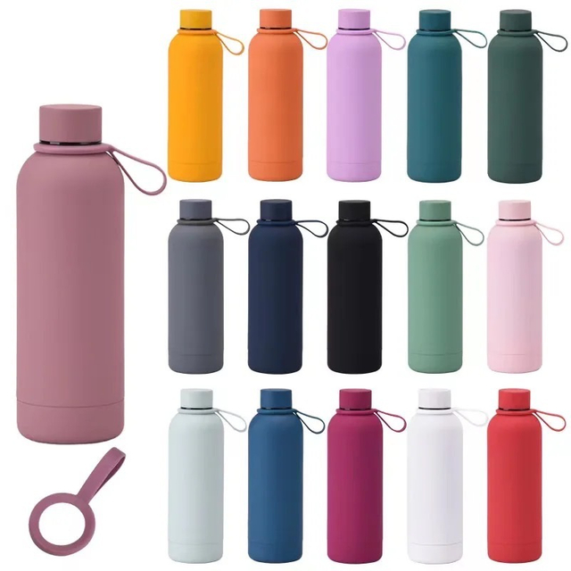 Custom Logo Leak-proof Double Wall Stainless Steel Water Bottle Soft Touch Small Mouth Rubber Coating Thermal Vacuum Flask
