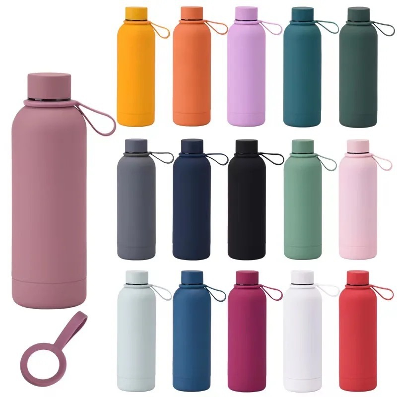 Custom Logo Leak-proof Double Wall Stainless Steel Water Bottle Soft Touch Small Mouth Rubber Coating Thermal Vacuum Flask