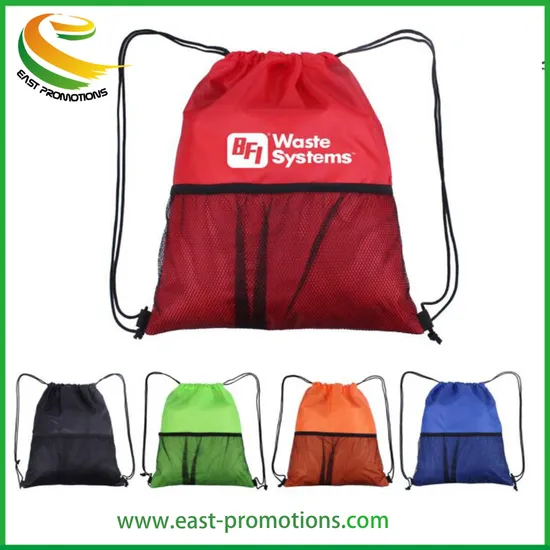 Polyester Drawstring Backpack Sport Shoulder Bag with Mesh Pocket