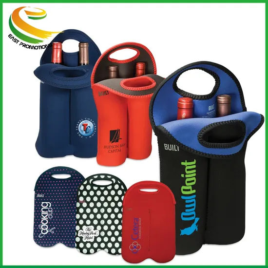 Customized Neoprene Double Wine Cooler Tote Bags Bottle Sleeve with Carrying Handle