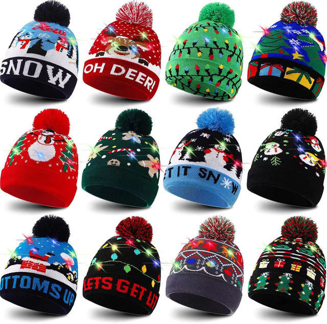 2024 LED Flashing Winter Warm Christmas Decoration Knitted Hat for Festival Party