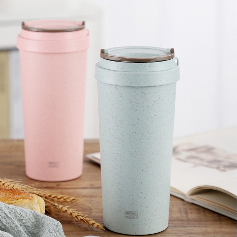 Biodegradable 16 Oz BPA Free Double Wall Insulated Coffee Mug Wheat Straw Cup With Handle Lid