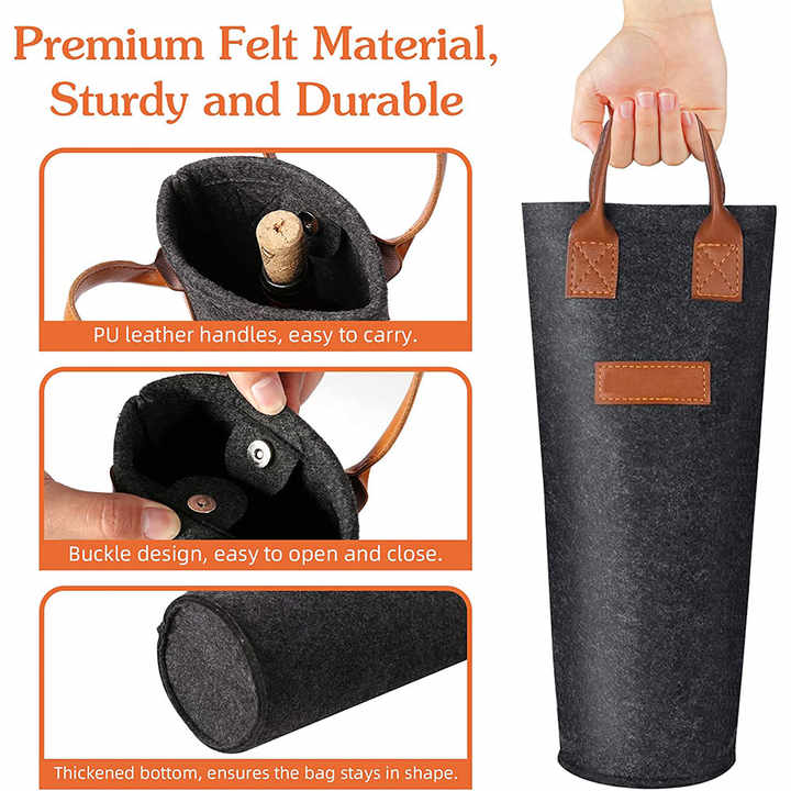 Reusable Felt Single Wine Bottle Gift Bag Felt Wine Carrier Tote Bag with Leather Handle
