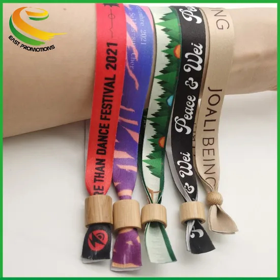 Eco-Friendly One-off Plastic/ Wooden Slide Lock Woven Printed Fabric Wristband for Event