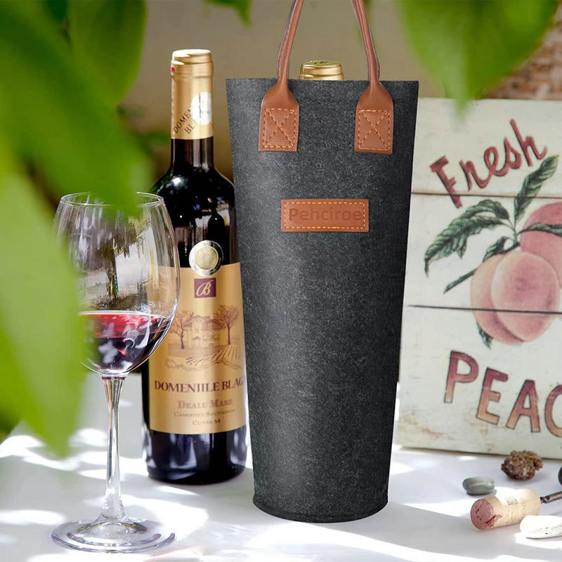 Reusable Felt Single Wine Bottle Gift Bag Felt Wine Carrier Tote Bag with Leather Handle
