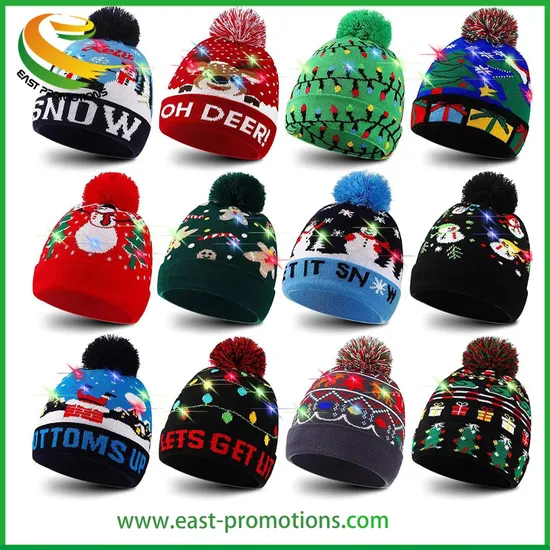 2024 New Pompom Christmas Hats Christmas LED Flashing Beanie Hat