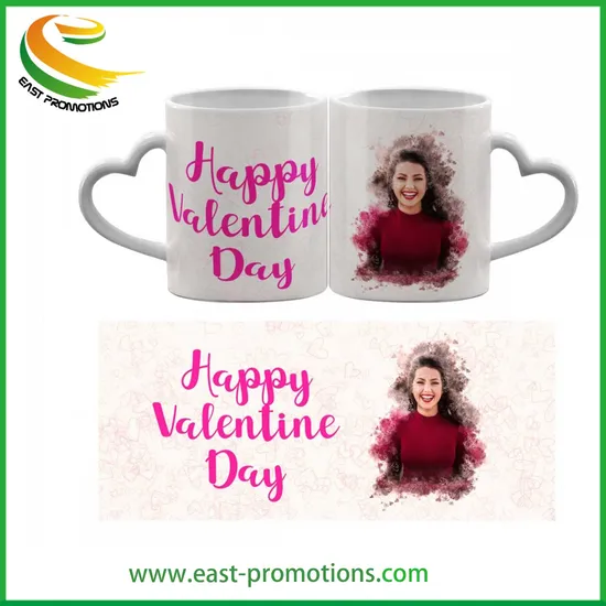 Factory Custom Printing Fashion Design Porcelain Ceramic Mug Heart Handle Love Mugs for Valentine′ S Day Gifts