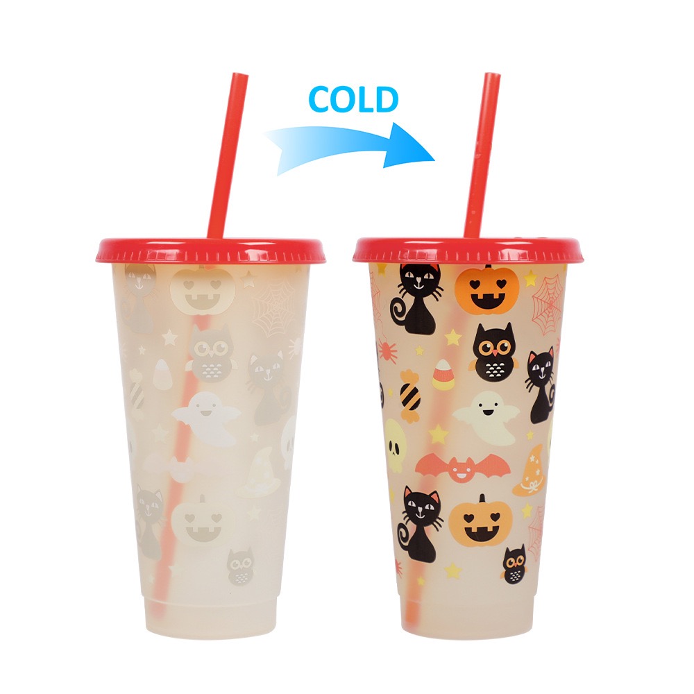 Color Changing Cups Glow in The Dark 24oz Reusable Plastic Drink Cups with Straw Lids