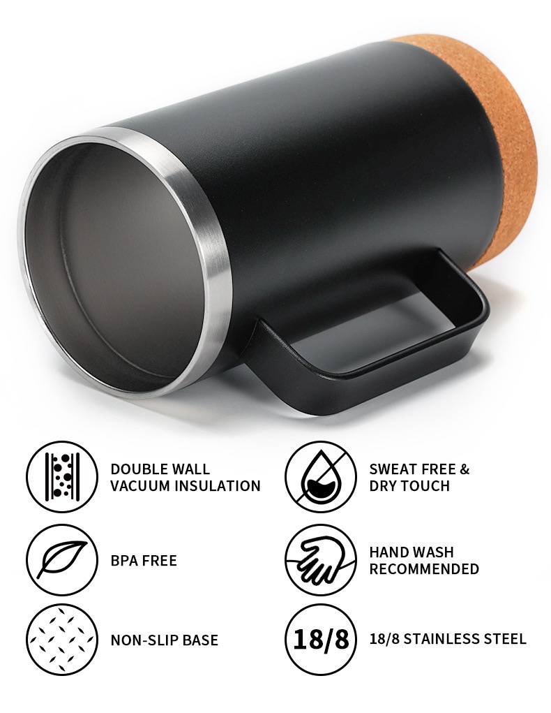 12oz 16oz Slim Stainless Steel Cork Bottom Wood Travel Coffee Tumbler Matte Black Mug With Sliding Lock Lid 
