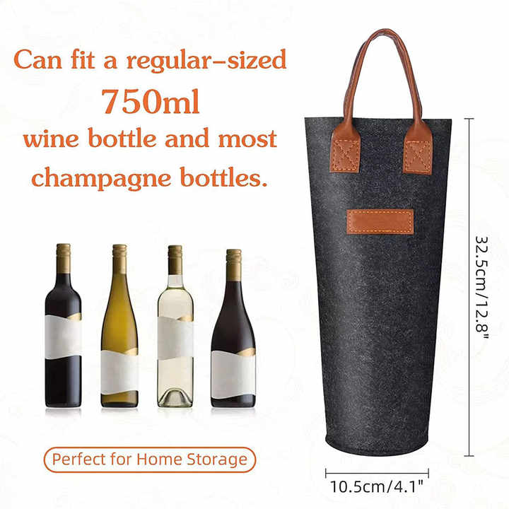 Reusable Felt Single Wine Bottle Gift Bag Felt Wine Carrier Tote Bag with Leather Handle