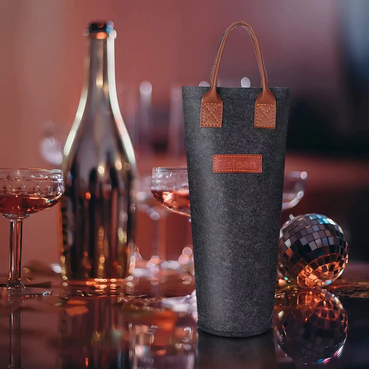 Reusable Felt Single Wine Bottle Gift Bag Felt Wine Carrier Tote Bag with Leather Handle