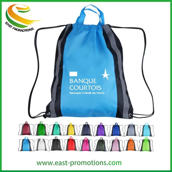 190t Nylon Reflective Drawstring Backpack Bag, Custom School Bag Sport Backpack with Reflective Band