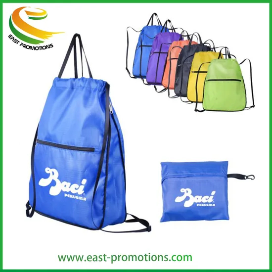 Custom Promotional Foldable Drawstring Backpack Bag Sports Backpck with Zipper Pouch for Travel