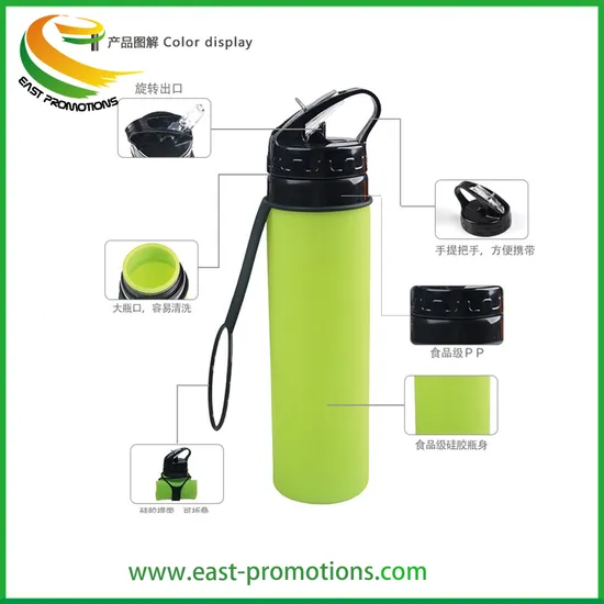 Custom Logo 600ml portable Soft Silicone Foldable Water Drinking Bottle for Outdoor Sports